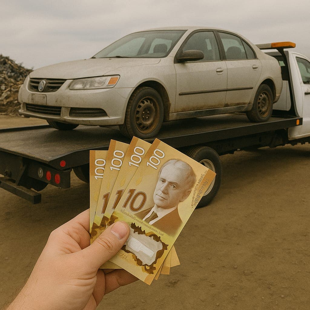 Junk car parked with city background